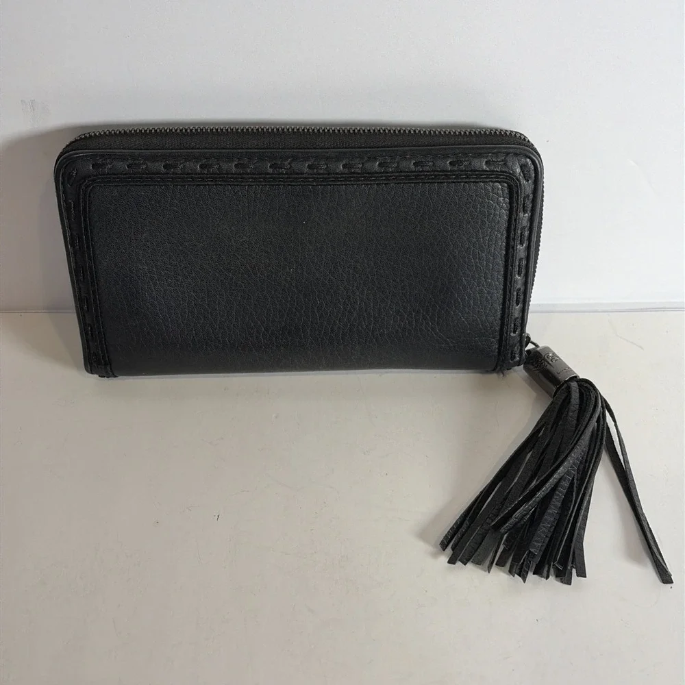 Lancel Paris Black Leather Wallet Clutch Zip Close w Tassel
